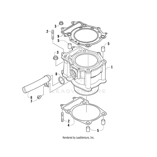 Exploded diagram of the Arctic Cat Cylinder A550-09Ma92-Mach (Rb 0804-066) assembly, showing labeled OEM parts like gaskets, bolts, cylinder housing, hose, and more for easy identification.