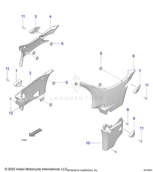 Exploded diagram of Cover Side Lower LH Mgrnsm [Moss Green Smoke] by Polaris for Indian Motorcycle. Each OEM part, like panels and mounting hardware, is numbered; arrow shows forward direction.