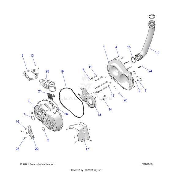 An Image of a Genuine Polaris Parts Schematic Diagram showing the schematic - DRIVE TRAIN: CLUTCH COVER AND DUCTING - 2024 POLARIS RZR TURBO R 4 SPORT