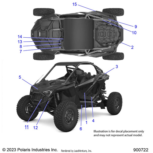 An Image of a Genuine Polaris Parts Schematic Diagram showing the schematic - BODY: DECALS - 2024 POLARIS RZR PRO R PREMIUM