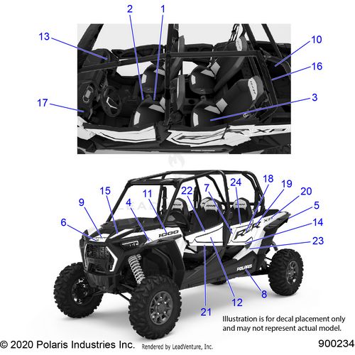 An Image of a Genuine Polaris Parts Schematic Diagram showing the schematic - BODY: DECALS - 2022 POLARIS RZR XP 4 1000 SPORT