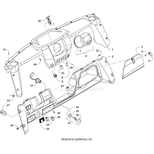 Exploded diagram of a vehicle dashboard assembly, highlighting components such as panels, instrument cluster, Warning Decal-Incomplete Shift by Arctic Cat, switches, knobs, and fasteners—each labeled with reference numbers for OEM Arctic Cat parts.