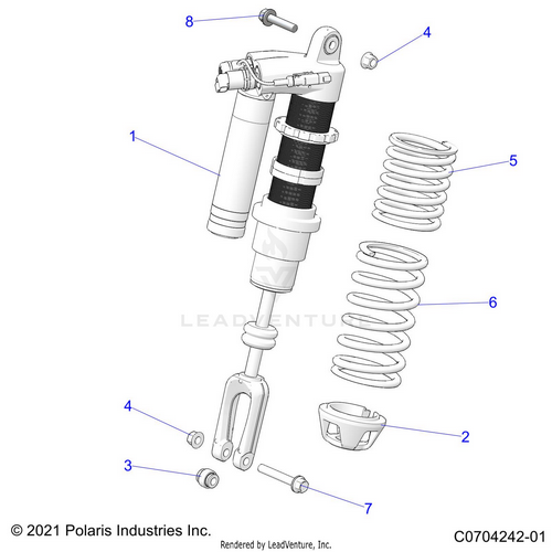 An Image of a Genuine Polaris Parts Schematic Diagram showing the schematic - SUSPENSION: FRONT SHOCK MOUNTING - 2023 POLARIS RZR PRO R ULTIMATE TROY LEE DESIGNS