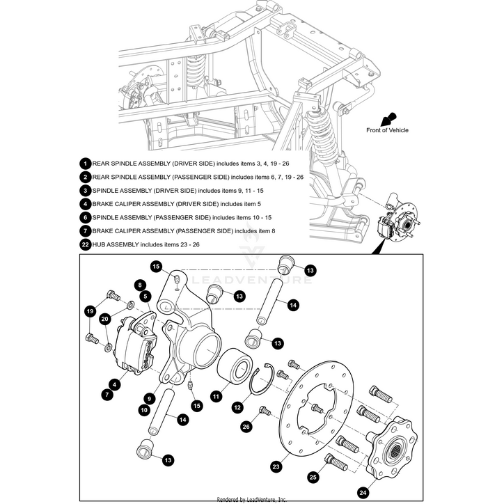 Technical diagram of the Rear Spindle Left-Assembly (Inc. 3-4 And 19-26) by Arctic Cat, showing labeled components, item numbers, a parts list for both sides, and compatibility with OEM Arctic Cat parts for accurate identification.