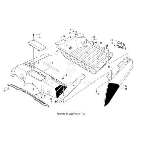 Exploded diagram showing numbered parts of a car’s trunk area, like Witchdoctors.com OEM Arctic Cat diagrams, with labels for identification—including the Air Intake Decal Rear-Vib Red by Arctic Cat.