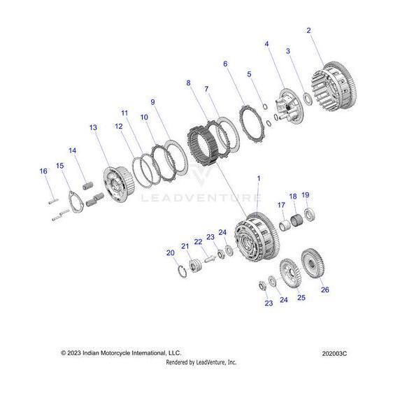 Exploded diagram of a motorcycle clutch assembly with numbered parts, including springs, plates, screws, and the Gear Primary by Polaris, arranged in sequence for easy identification. Compatible with Indian Motorcycle OEM.