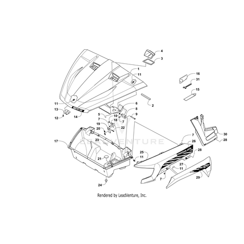 Exploded diagram of motorcycle body parts with OEM Arctic Cat parts, such as panels, seat, hardware, and Decal 700 Xt - Left - Black by Arctic Cat. Every part is numbered and linked to its assembly spot from Witchdoctors.com.
