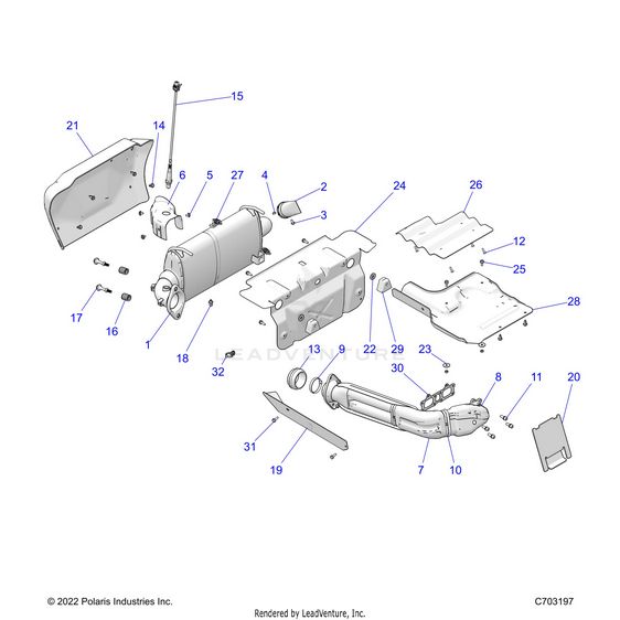 An Image of a Genuine Polaris Parts Schematic Diagram showing the schematic - ENGINE: EXHAUST SYSTEM - 2023 POLARIS RZR XP 1000 SPORT