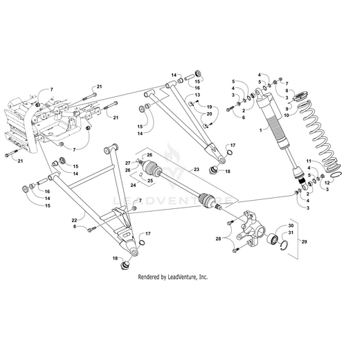 Exploded diagram showing labeled components of a vehicle’s front lower right A-Arm—like the A-Arm - Front Lower Right Tag (Inc. 14-18) by Arctic Cat—including shock absorber, coil spring, control arms, and mounting hardware with numbered callouts.