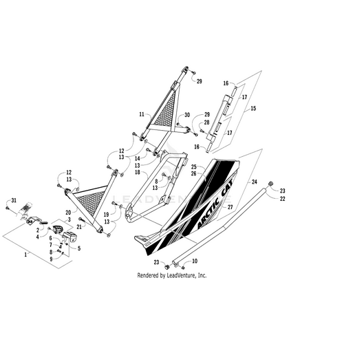 Exploded diagram of an Arctic Cat snowmobile front suspension, highlighting labeled parts and featuring the Rear Door Lower Decal -Wc4-Agm-Right by Arctic Cat on the panel—ideal for sourcing genuine Arctic Cat OEM parts.