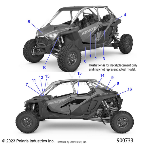 An Image of a Genuine Polaris Parts Schematic Diagram showing the schematic - BODY: DECALS - 2024 POLARIS RZR PRO R 4 PREMIUM