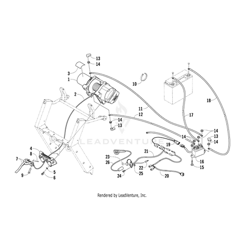 Technical diagram showing numbered components of a vehicles electrical system, ideal for identifying OEM Arctic Cat parts like the Remote Switch Decal or compatible accessories for your Arctic Cat UTV.