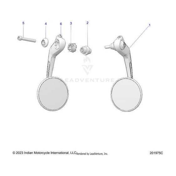 Technical diagram of the Polaris Mirror Intl Be Black Anodz [Includes 2 6], with labeled, numbered parts such as the mirror arm, screws, washers, and mounting components for easy identification.