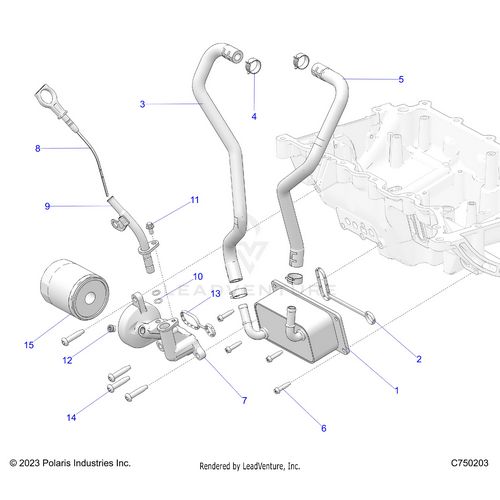An Image of a Genuine Polaris Parts Schematic Diagram showing the schematic - ENGINE: OIL FILTER OIL COOLER AND RELATED - 2026 POLARIS RZR PRO R LE