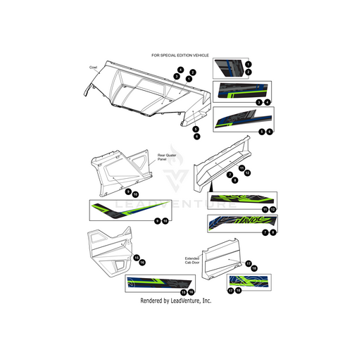 Diagram displaying labeled parts and decal placements for a special edition vehicle, featuring green, blue, and black graphics on the roof, rear quarter panel, doors, and an Arctic Cat Side Hood Decal (Driver Side).
