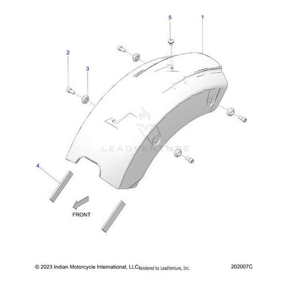 Diagram of the Fender Rear Bob Onyxblk (Black Metallic) by Polaris, showing labeled components and hardware such as OEM bolts, spacers, and fender from an angled front view with arrows indicating each parts position.