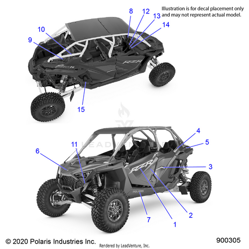 An Image of a Genuine Polaris Parts Schematic Diagram showing the schematic - BODY: DECALS - 2022 POLARIS RZR PRO R 4 ULTIMATE