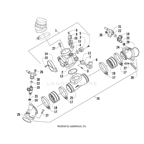 Exploded diagram of the Intake Manifold - (Inc. 17-26) by Arctic Cat with labeled cylindrical parts, pipes, clamps, and fasteners. Numbered OEM Arctic Cat parts assist reference and illustrate the order of assembly for the manifold.