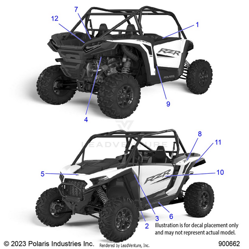 An Image of a Genuine Polaris Parts Schematic Diagram showing the schematic - BODY: DECALS - 2024 POLARIS RZR XP 1000 SPORT