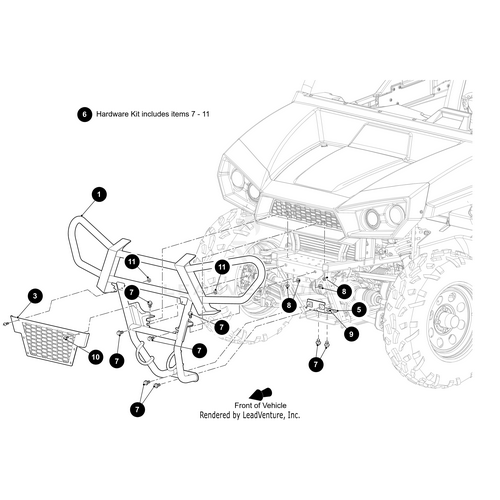 Line drawing of an exploded off-road vehicle front bumper assembly with numbered Arctic Cat OEM parts and labeled hardware kit items. The Brushguard Bracket Black by Arctic Cat is highlighted; vehicle front and Witchdoctors.com are noted.
