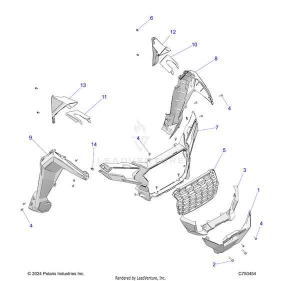 An Image of a Genuine Polaris Parts Schematic Diagram showing the schematic - BODY: FRONT FACIA GRILLE AND FLARES - 2025 POLARIS RZR XP 1000 PREMIUM