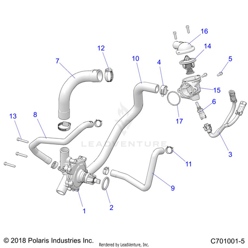 An Image of a Genuine Polaris Parts Schematic Diagram showing the schematic - ENGINE: WATERPUMP AND BYPASS - 2020 POLARIS RZR XP TURBO