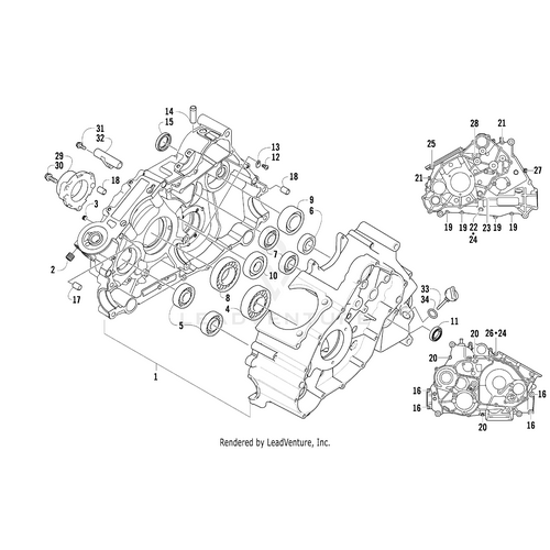 Exploded diagram of the Arctic Cat Wildcat Secondary Shaft Bearing Housing, showing both left and right halves with numbered OEM parts—bearings, seals, bolts, washers, and covers—for easy identification and assembly.