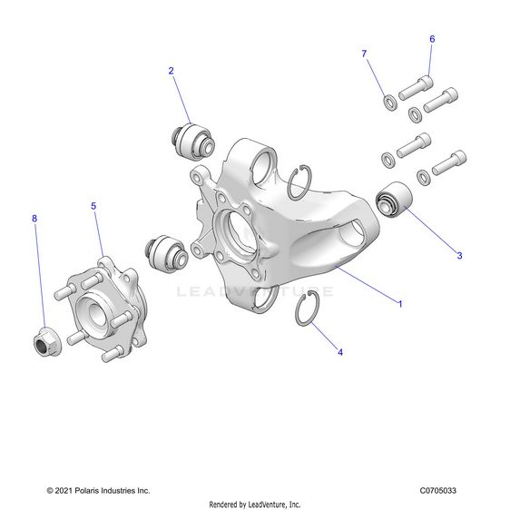 An Image of a Genuine Polaris Parts Schematic Diagram showing the schematic - SUSPENSION: REAR CARRIER AND HUB - 2023 POLARIS RZR TURBO R 4 SPORT