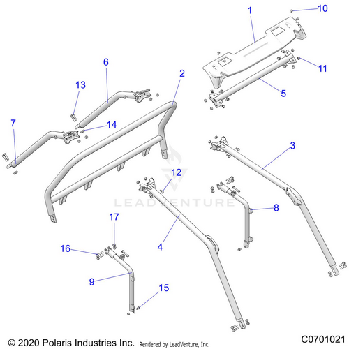 An Image of a Genuine Polaris Parts Schematic Diagram showing the schematic - CHASSIS: CAB FRAME - 2023 POLARIS RZR XP 1000 PREMIUM RIDE COMMAND