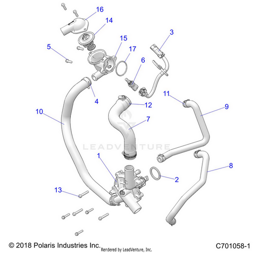 An Image of a Genuine Polaris Parts Schematic Diagram showing the schematic - ENGINE: WATERPUMP AND BYPASS - 2021 POLARIS RZR XP 4 1000 HIGH LIFTER