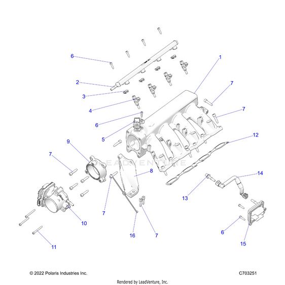 An Image of a Genuine Polaris Parts Schematic Diagram showing the schematic - ENGINE: INTAKE MANIFOLD FUEL RAIL AND RELATED - 2024 POLARIS RZR PRO R 4 PREMIUM