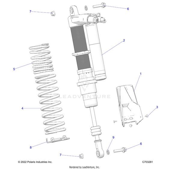 An Image of a Genuine Polaris Parts Schematic Diagram showing the schematic - SUSPENSION: REAR SHOCK MOUNTING - 2023 POLARIS RZR PRO R 4 ULTIMATE TROY LEE DESIGNS