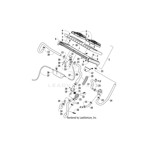 Exploded diagram showing various numbered parts of a windshield wiper and washer system, highlighting blades, arms, hoses, connectors, washers, and the OEM Machine Screw by Arctic Cat for easy assembly reference.