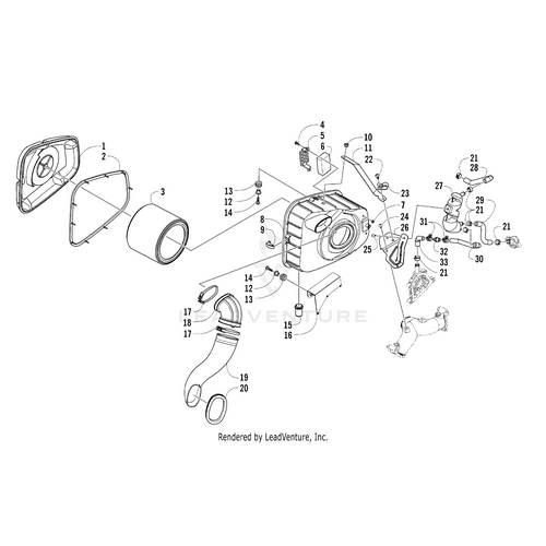 Exploded diagram showing components of an air intake system, including the Arctic Cat Self Tapping Screw, air filter, housing, ducts, clamps, and connections. Each OEM Arctic Cat part is labeled with a reference number for easy identification.