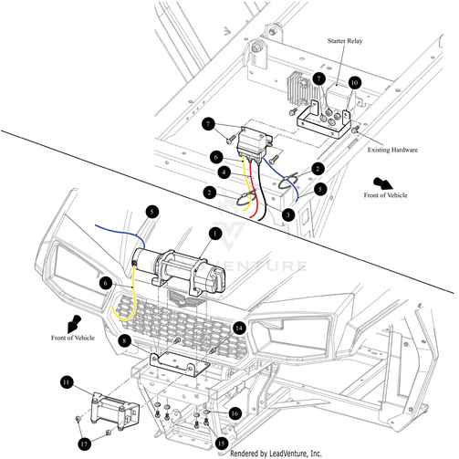 Diagram showing wiring and mounting instructions for a starter relay on an Arctic Cat Wildcat frame, with labeled parts, colored wires, the Hex Nut-Zp M10 X 1.5 by Arctic Cat, hardware details, and arrows pointing to the vehicle’s front.