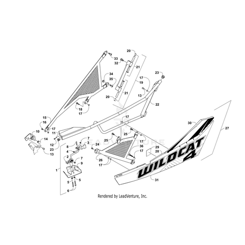 Exploded diagram of vehicle frame parts, with grilles, brackets, screws, panels, and OEM Arctic Cat’s Door Panel W/ Decals-Wm-Frt-Left(Wc4 X 15) (Inc. 28-31), labeled for clear assembly order and component placement.
