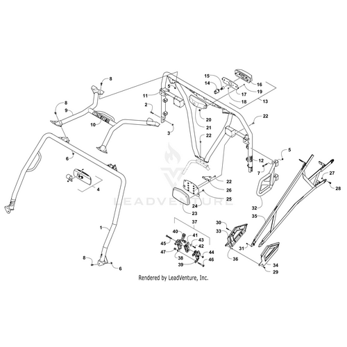 Exploded diagram of an Arctic Cat UTV roll cage assembly featuring numbered parts—bars, brackets, bolts, and the Striker Pin by Arctic Cat—shown in a precise technical drawing style with labeled OEM components.