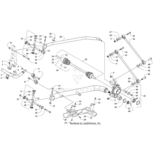 Exploded diagram of rear suspension, showing parts such as control arms, axles, bolts, and more—perfect for identifying OEM Arctic Cat components or choosing the Rear Suspension Guard - Right by Arctic Cat for your UTV or ATV.