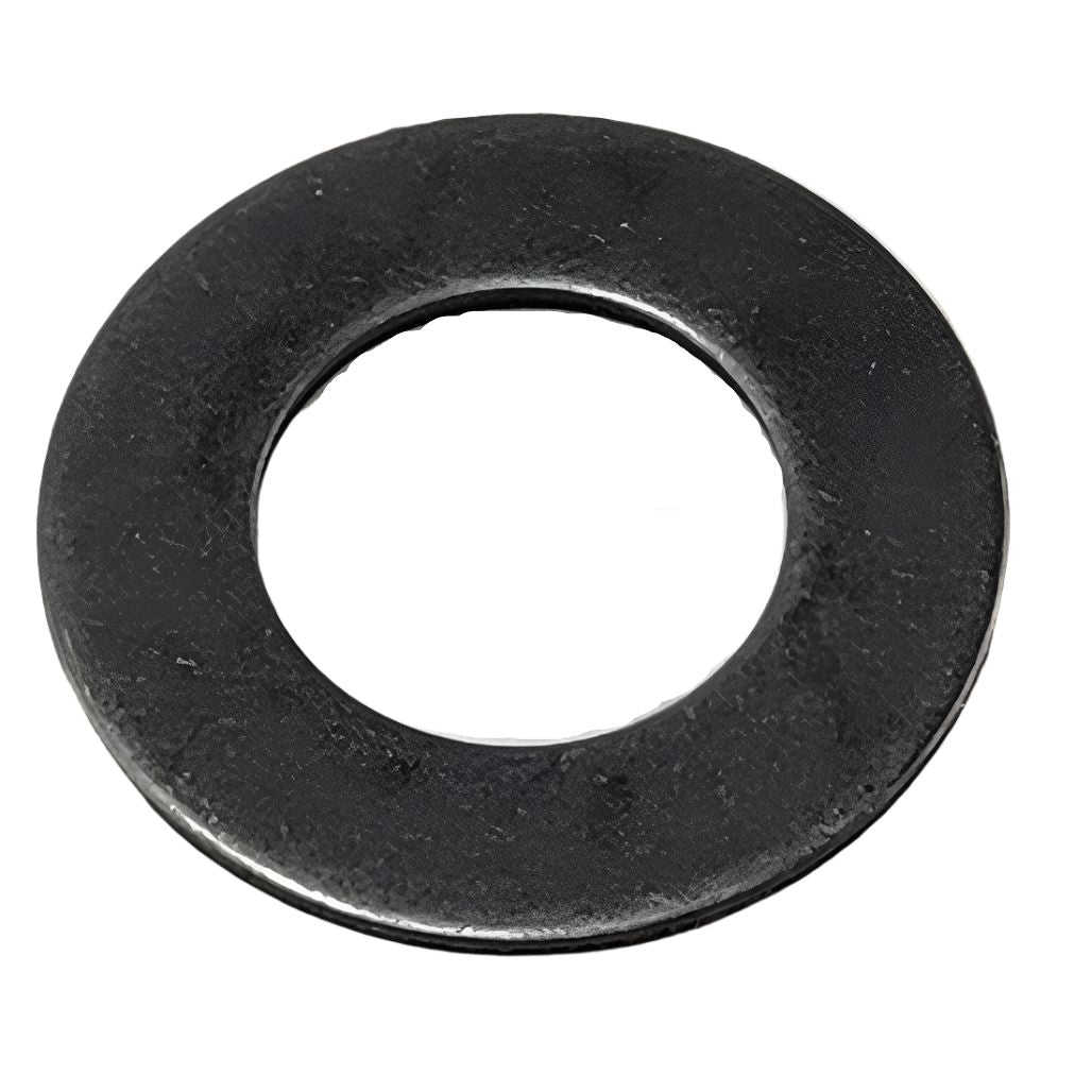 A close-up of a single Washer, Thrust (13X24X1) by Honda, featuring a black metal finish and central hole, ideal for Honda UTV OEM parts, shown on a white background.