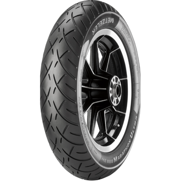 A Metzeler ME 888 Marathon™ Ultra Front 130/90B16 73H motorcycle tire with bold tread on a black alloy wheel, ideal for touring bikes. "METZELER ME 888 MARATHON ULTRA" is written in white along the sidewall.