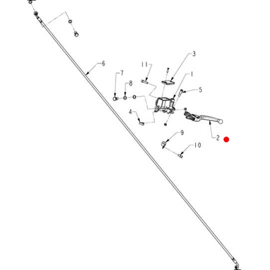 Line drawing of a mechanical assembly with numbered parts, including a long rod, lever, bolts, nuts, and brackets. A red dot marks the Clutch Lever, Polished [Incl. #2] by Polaris—ideal for OEM Indian Polaris motorcycle repairs.