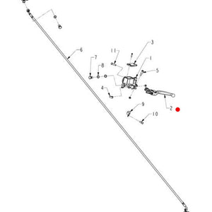 Line drawing of a mechanical assembly with numbered parts, including a long rod, lever, bolts, nuts, and brackets. A red dot marks the Clutch Lever, Polished [Incl. #2] by Polaris—ideal for OEM Indian Polaris motorcycle repairs.