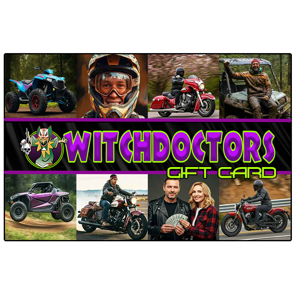 Gift card for Witchdoctors gift cards featuring various vehicles and people.