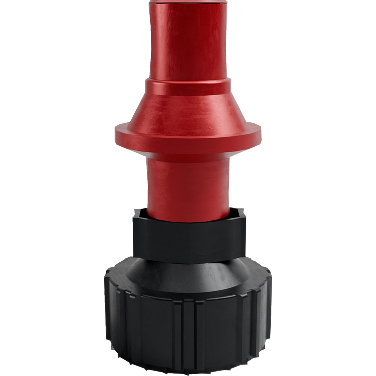 Red cylindrical Tuff Jug container with wide flared middle and black ribbed ripper cap base.