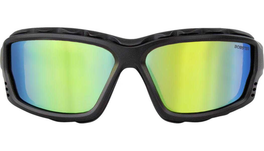 Black sports goggles with wide, wraparound reflective green-yellow lenses and a durable frame.