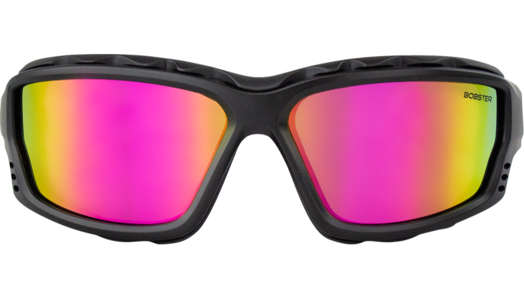 Black sport goggles with wide crimson-pink-yellow mirrored lenses and a vented frame.