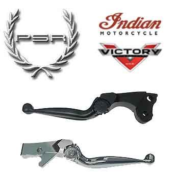 The image shows two chrome levers with logos above: a laurel wreath (PSR), Indian Motorcycle, and Victory. Featured is the PSR Adjustable Brake Lever Anthem Shorty for Indians, available at Witchdoctors.com.
