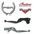 The image shows two chrome levers with logos above: a laurel wreath (PSR), Indian Motorcycle, and Victory. Featured is the PSR Adjustable Brake Lever Anthem Shorty for Indians, available at Witchdoctors.com.