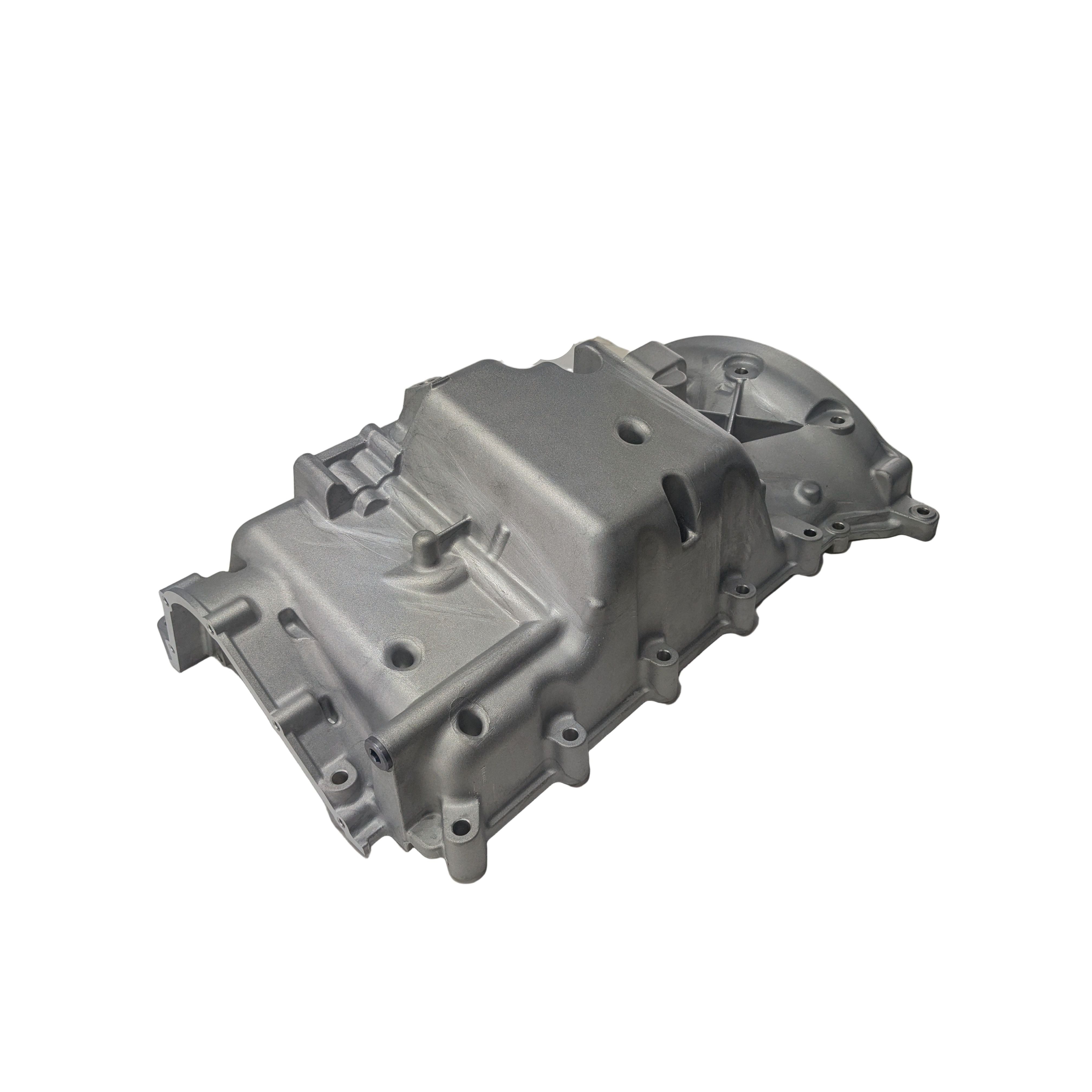 A silver Assembly-Pan Oil by Polaris with a complex shape, multiple mounting holes, ridges, and recessed areas is shown on a plain white background.