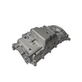 A silver Assembly-Pan Oil by Polaris with a complex shape, multiple mounting holes, ridges, and recessed areas is shown on a plain white background.